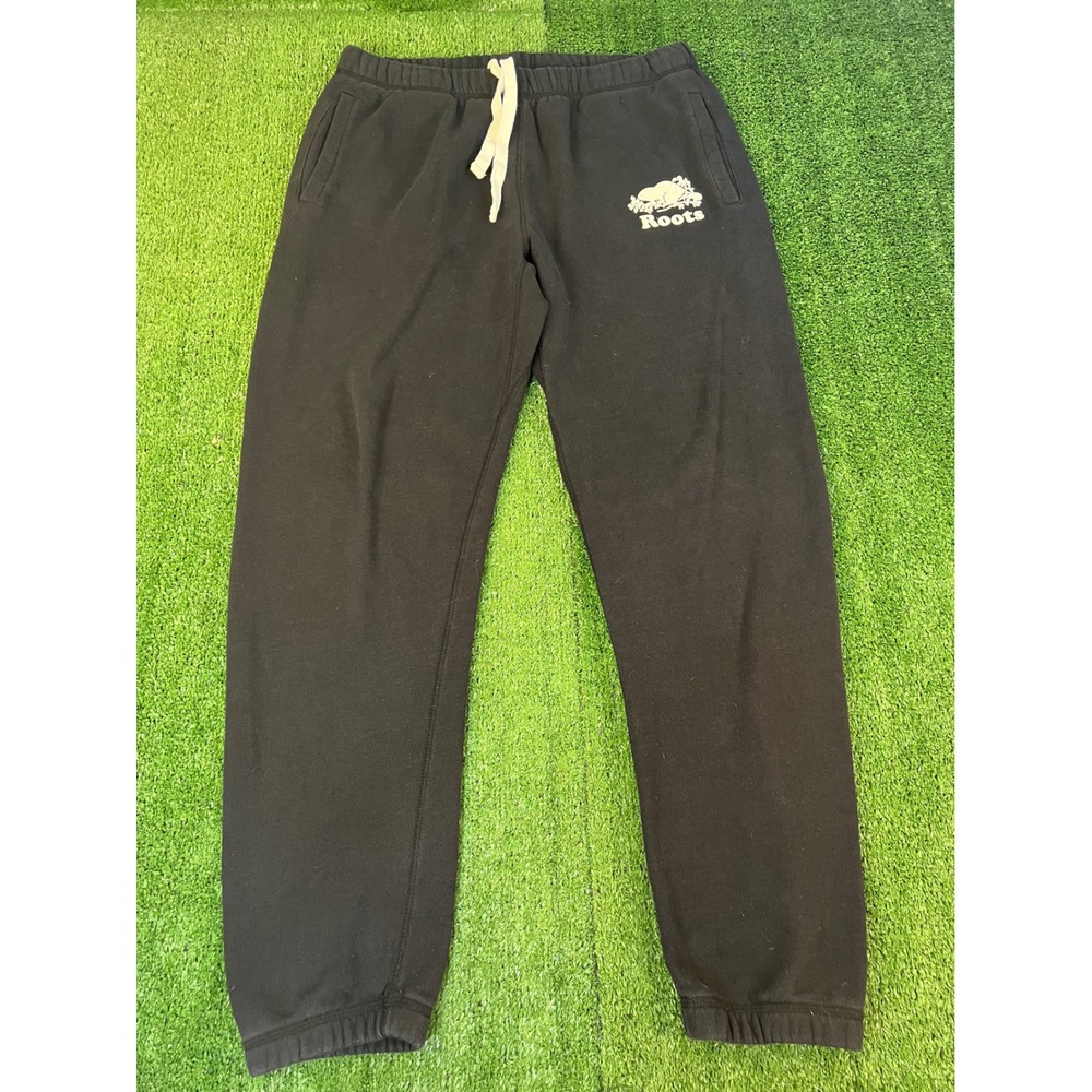 Roots Mens Black Original Sweatpants Beaver Logo Fleece Joggers Size L